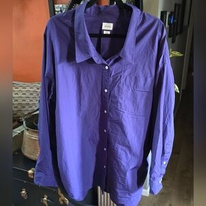 Wilfred Free Women's XL Tall Button-Up Oversized Cotton Shirt Purple Long Sleeve